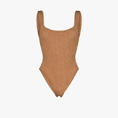 Shop Hunza G Brown Crinkle Square Neck Swimsuit