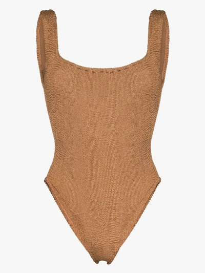 Shop Hunza G Brown Crinkle Square Neck Swimsuit