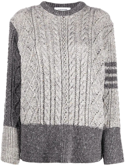 Shop Thom Browne Fun Mix Cable Relaxed Fit Crewneck Pullover W/ 4 Bar In Mohair Tweed In Grey