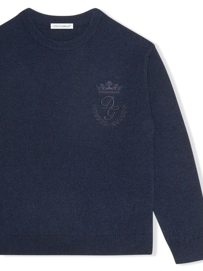 Shop Dolce & Gabbana Logo-embroidered Fine-knit Jumper In Blue