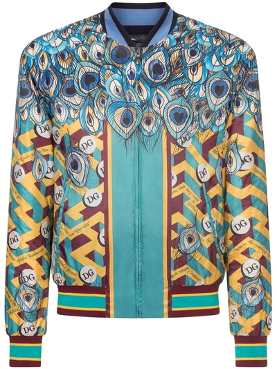 Shop Dolce & Gabbana Feather-print Bomber Jacket In Blue