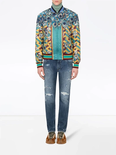 Shop Dolce & Gabbana Feather-print Bomber Jacket In Blue