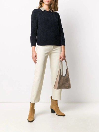 Shop N•peal Round Neck Cable Cashmere Sweater In Blue