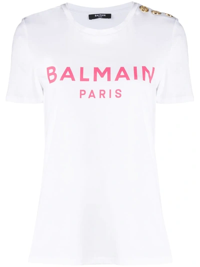 Shop Balmain Logo-print Button-detail T-shirt In White