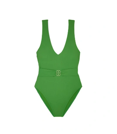 Shop Tory Burch Miller Plunge One-piece Swimsuit In Resort Green