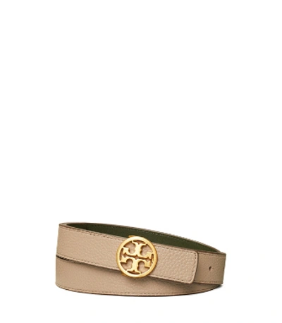 Shop Tory Burch 1" Reversible Double T Belt In Gray Heron/poblano/gold