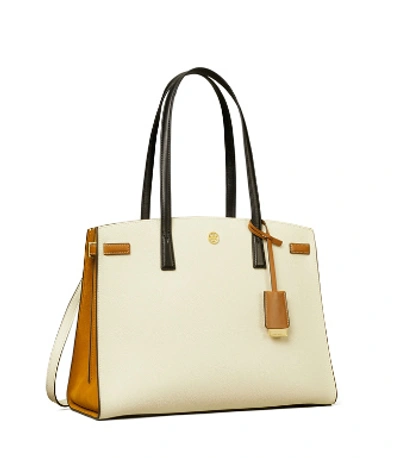 Shop Tory Burch Walker Color-block Satchel In New Ivory / Perfect Sand