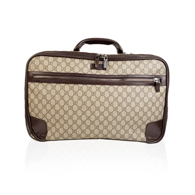 Pre-owned Gucci Monogram Canvas Web Suitcase Travel Bag Cabin Size In Neutrals
