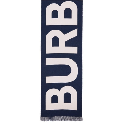 Shop Burberry Navy And Pink Wool Logo Scarf