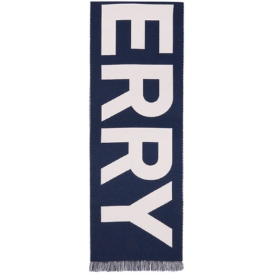 Shop Burberry Navy And Pink Wool Logo Scarf