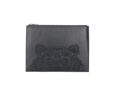 Shop Kenzo Kampus Tiger Motif Embroidered Large Clutch Bag In Black