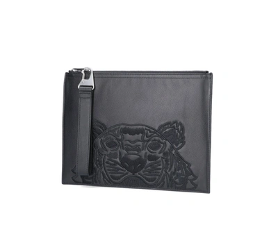 Shop Kenzo Kampus Tiger Motif Embroidered Large Clutch Bag In Black