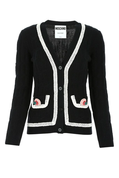 Shop Moschino Contrast Icing Trim Knit Cardigan In Black