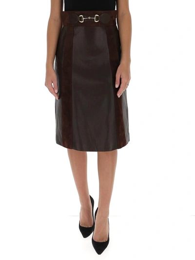 Shop Gucci Horsebit Detailed Leather Skirt In Brown