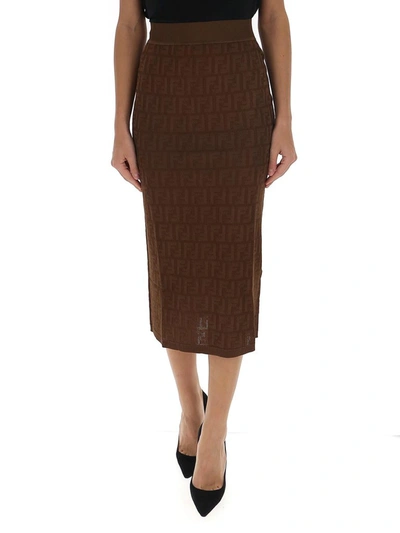 Shop Fendi Ff Motif Pencil Skirt In Brown