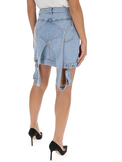 Shop Moschino Suspender Denim Skirt In Blue