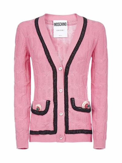 Shop Moschino Contrast Icing Trim Knit Cardigan In Pink