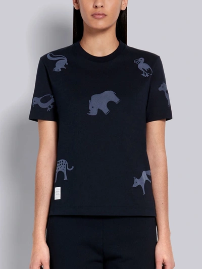 Shop Thom Browne Navy Cotton Jersey Tonal Multi-animal Icon Print Short Sleeve Tee In Blue