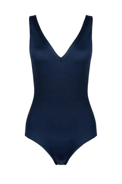 Shop Asceno Comporta Navy V-neck Swimsuit In Printed