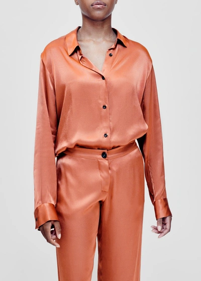 Shop Asceno Milan Terracotta Bamboo Satin Oversized Shirt In Printed