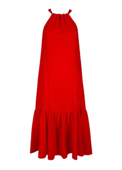 Shop Asceno Ibiza Poppy Red Linen Maxi Dress In Printed