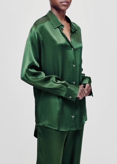 Shop Asceno Milan Green Bamboo Satin Oversized Shirt In Printed