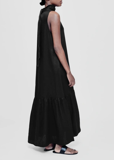 Shop Asceno Oslo Black Organic Heavy Weave Linen Maxi Dress