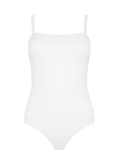 Shop Asceno Palma White Square Neck Swimsuit In Green/white