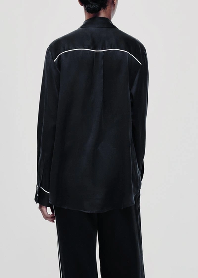 Shop Asceno London Black Piped Silk Pyjama Shirt