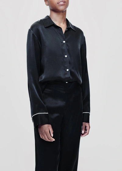 Shop Asceno London Black Piped Silk Pyjama Shirt