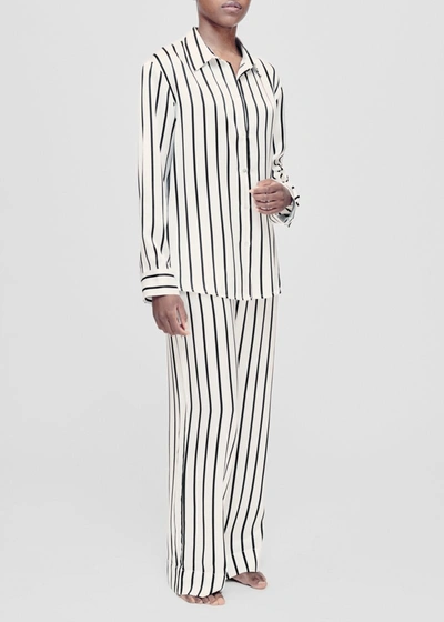 Shop Asceno London Jet Black Stripe Silk Pyjama Bottom