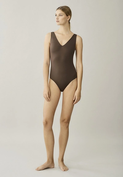 Shop Asceno Comporta Dusk Brown V-neck Swimsuit In Printed