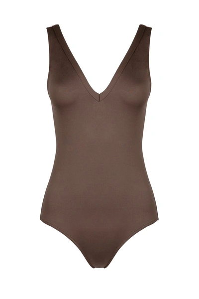 Shop Asceno Comporta Dusk Brown V-neck Swimsuit In Printed