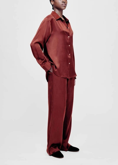 Shop Asceno London Burgundy Silk Pyjama Bottom In Printed