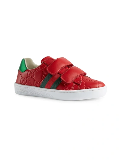 Shop Gucci Boy's New Ace Embossed Leather Sneakers In Red
