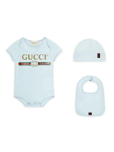 Shop Gucci Baby's Three-piece Logo Bodysuit, Bib & Hat Set In Blue