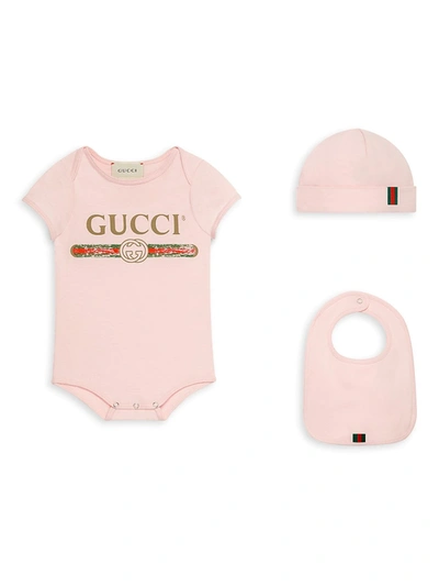 Shop Gucci Baby Girl's Bodysuit, Hat & Bib Set In Pink