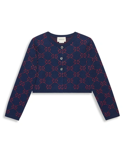 Shop Gucci Little Girl's & Girl's Gg Jacquard Knit Cardigan In Royal Blue Red