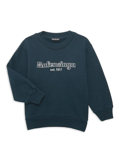 Shop Balenciaga Little Kid's & Kid's Embroidered Logo Crewneck Sweatshirt In Navy