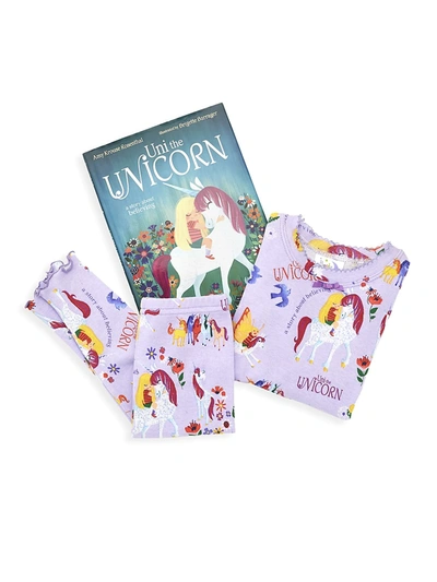Shop Books To Bed Little Girl's Uni The Unicorn 3-piece Cotton Pajama & Book Set In Purple