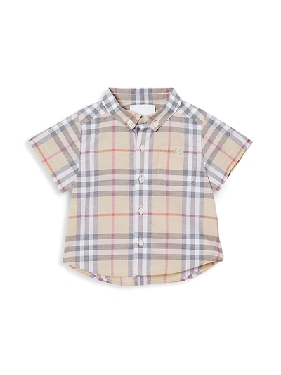 Shop Burberry Baby Boy's Trauls Check Short-sleeve Shirt In Pale Stone