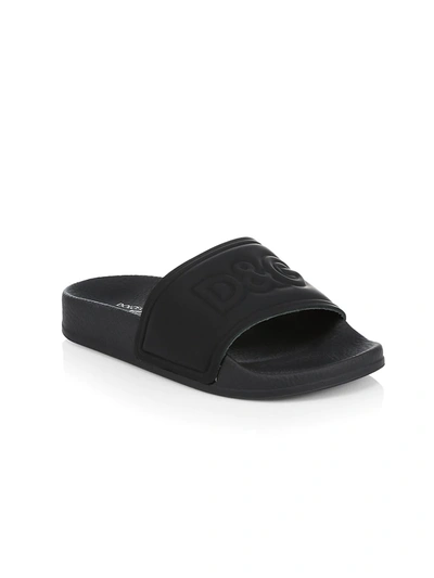 Shop Dolce & Gabbana Kid's Leather Pool Slides In Black