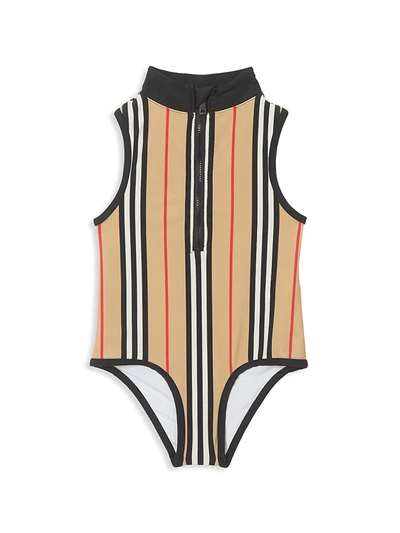 Shop Burberry Little Girl's & Girl's Kg7 Siera Stripe One-piece Swimsuit In Beige