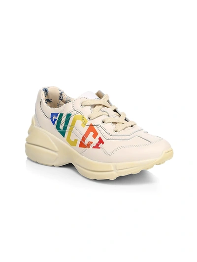 Shop Gucci Girl's Rhython Rainbow Logo Leather Sneakers In Mystic White