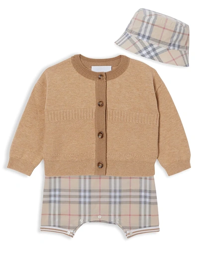 Shop Burberry Baby's 3-piece Chet Cardigan, Bodysuit & Hat Set In Pale Stone