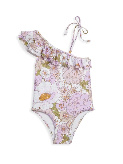 Shop Zimmermann Little Girl's & Girl's Bells Asymmetrical Frill Floral One-piece Swimsuit In Lilac