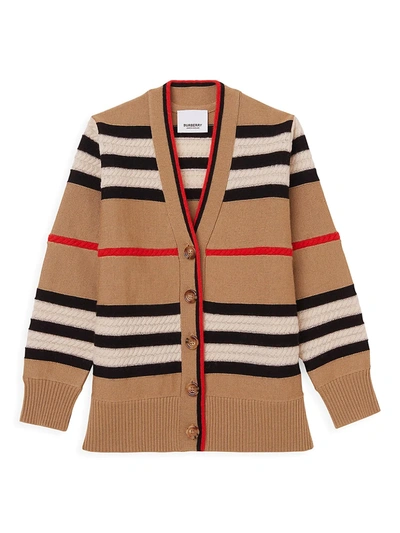 Shop Burberry Little Girl's & Girl's Wool-cashmere Iconic Checkered Cable Knit Cardigan In Beige