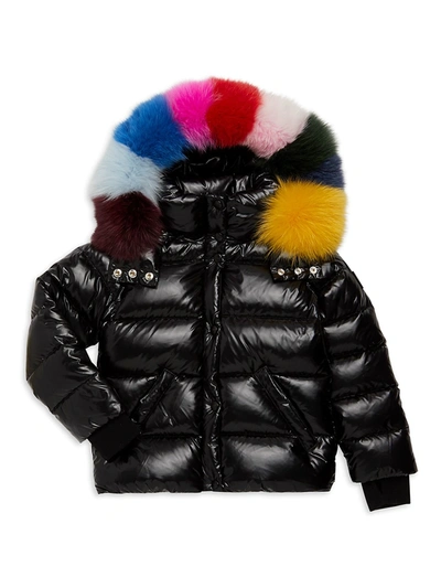 Shop Sam Girl's Annabelle Rainbow Fox Fur-trim Down Puffer Jacket In Caviar