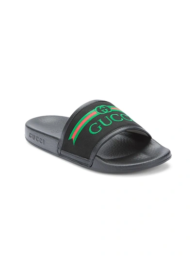 Shop Gucci Kid's Logo Fabric Slides In Black