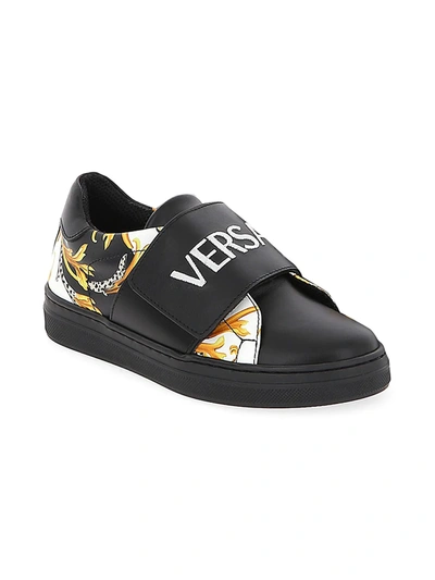 Shop Versace Little Boy's & Boy's Logo Strap Sneakers In Black